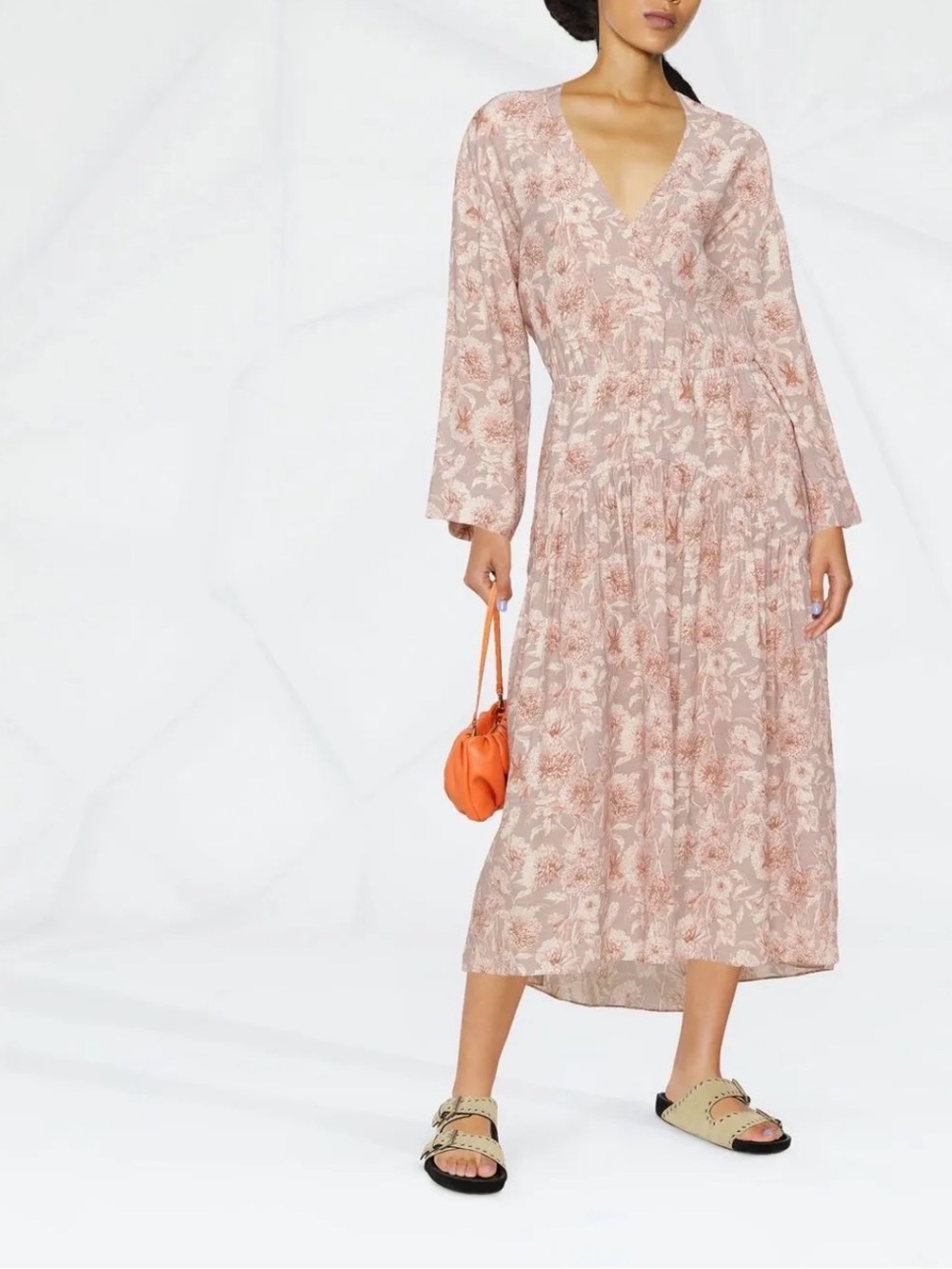 Vince - Dahlia Floral V-Neck Long Sleeve Midi Dress in Blush Pink